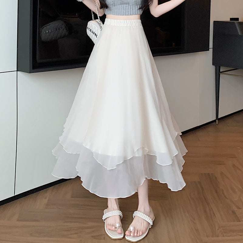 High Waist Chiffon Layered Midi Skirt