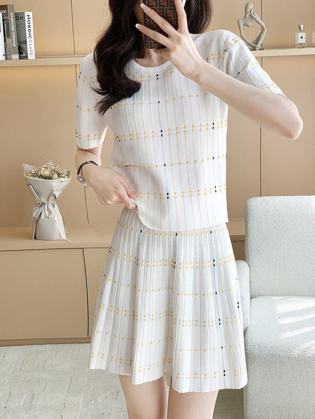 Ice Silk Summer Co-ord -Preppy Plaid Knit Short Sleeve Suit Set