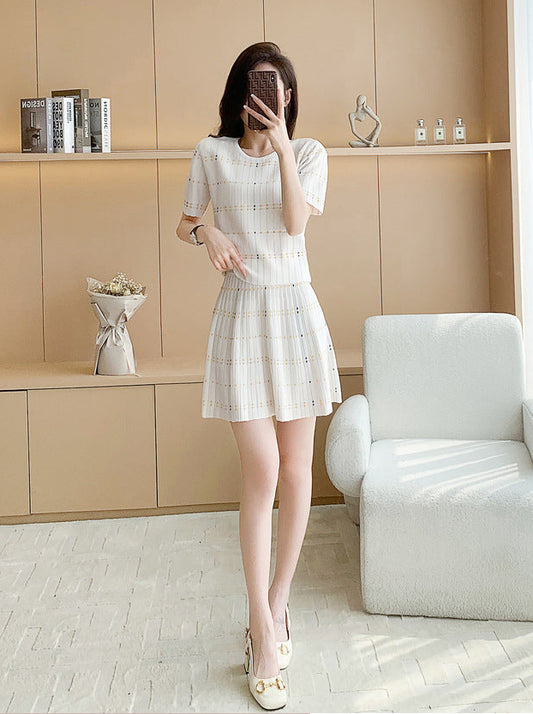 Ice Silk Summer Co-ord -Preppy Plaid Knit Short Sleeve Suit Set