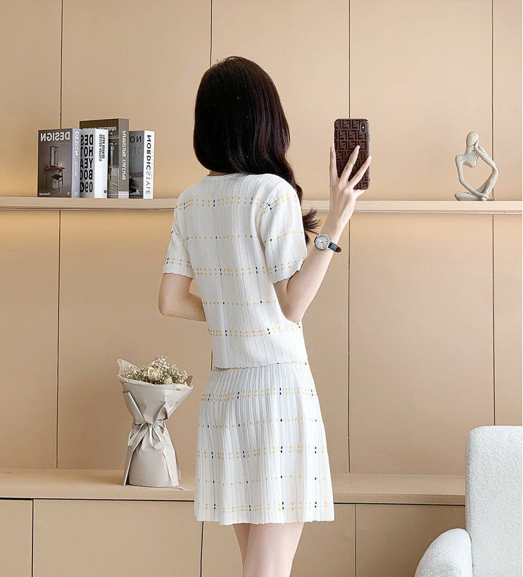 Ice Silk Summer Co-ord -Preppy Plaid Knit Short Sleeve Suit Set