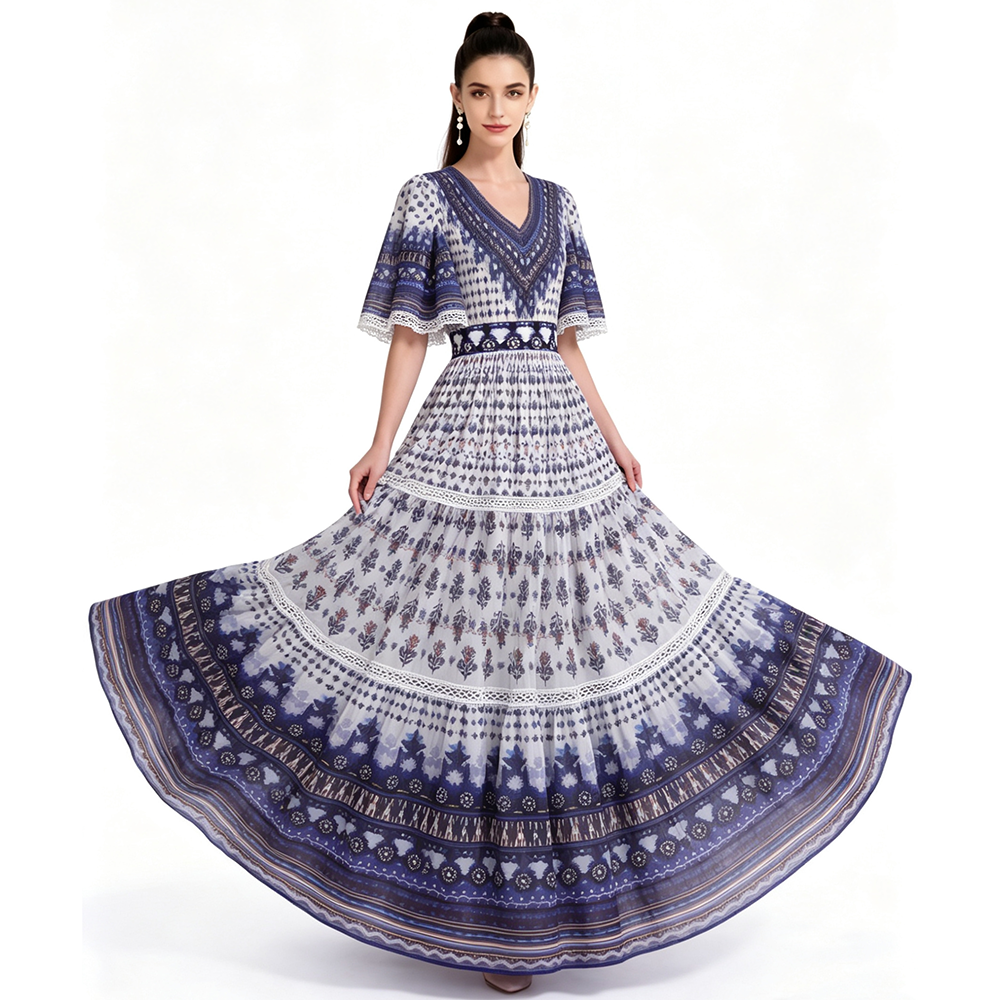 Indigo Dream Boho Tribal Printed V-Neck Tiered Maxi Dress