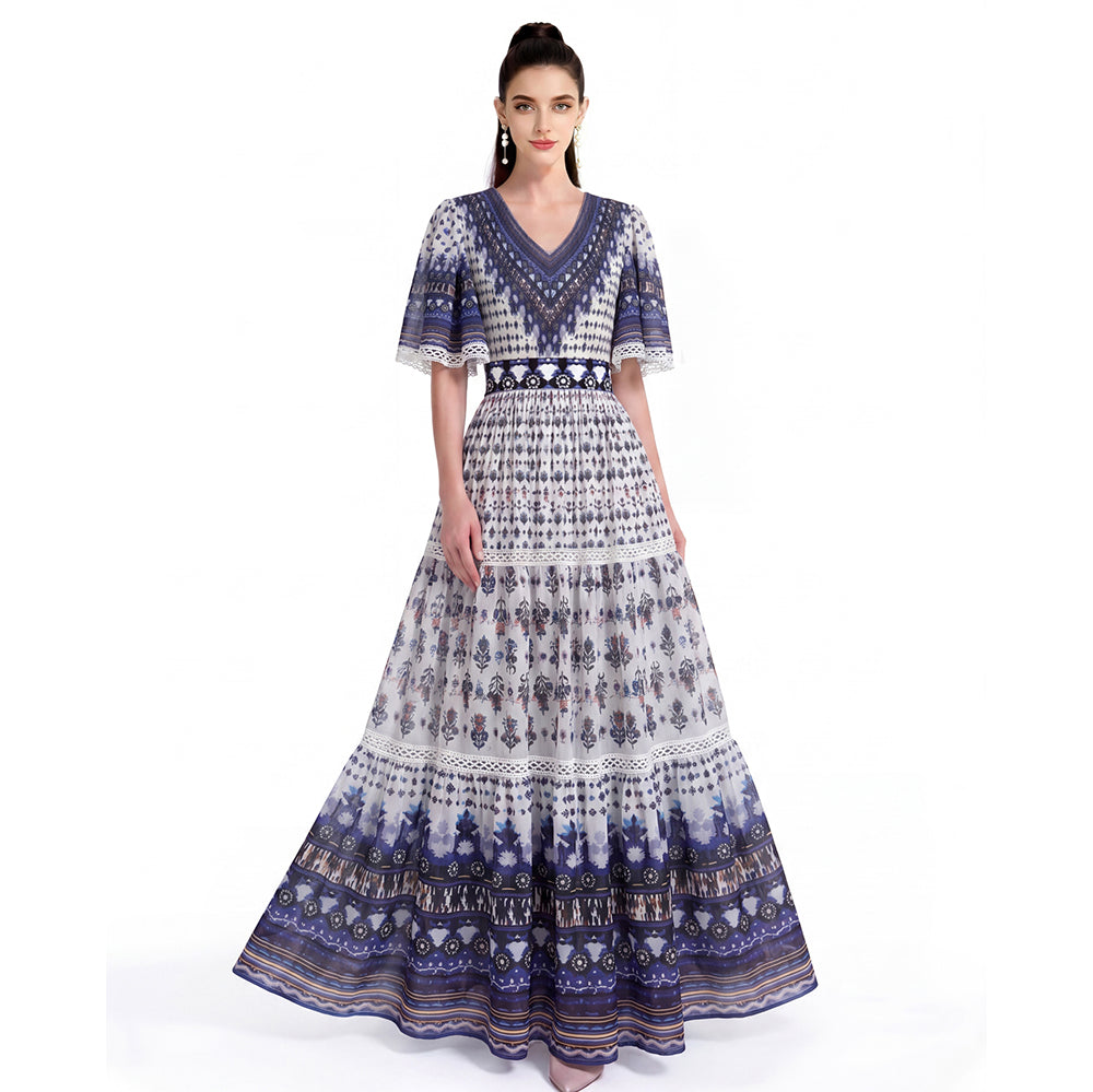Indigo Dream Boho Tribal Printed V-Neck Tiered Maxi Dress