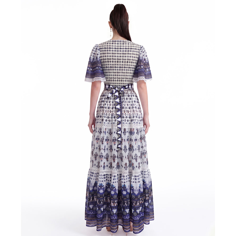 Indigo Dream Boho Tribal Printed V-Neck Tiered Maxi Dress