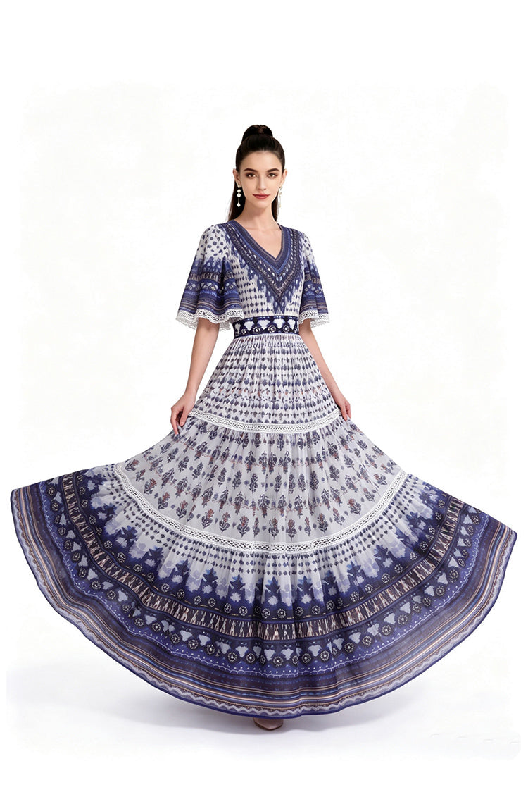 Indigo Dream Boho Tribal Printed V-Neck Tiered Maxi Dress