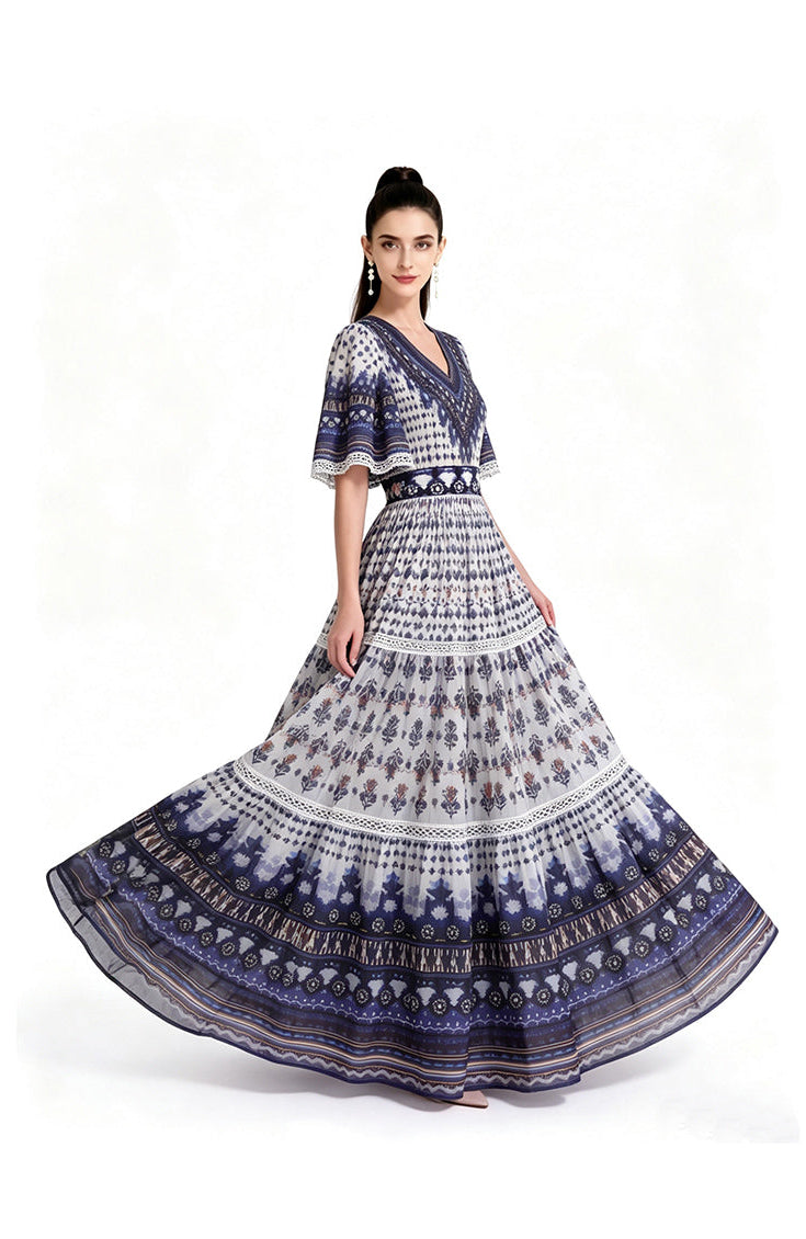 Indigo Dream Boho Tribal Printed V-Neck Tiered Maxi Dress