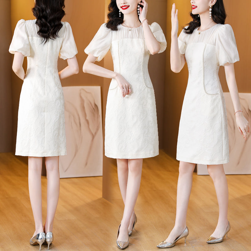 Ivory Floral Jacquard Mini Dress with Puff Sleeves & Pearl Trim
