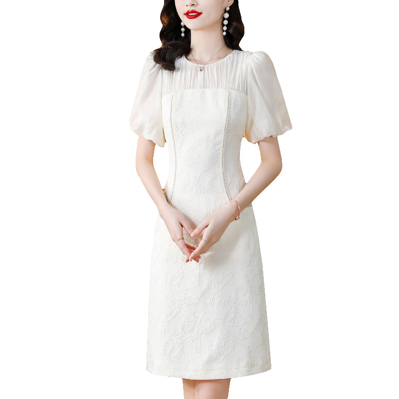 Ivory Floral Jacquard Mini Dress with Puff Sleeves & Pearl Trim