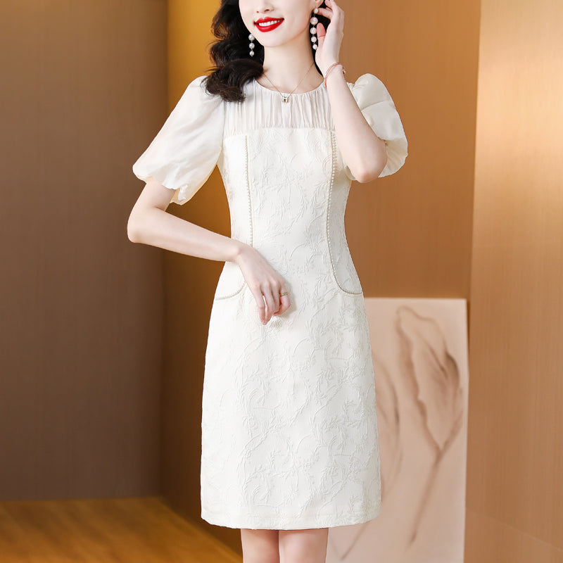 Ivory Floral Jacquard Mini Dress with Puff Sleeves & Pearl Trim