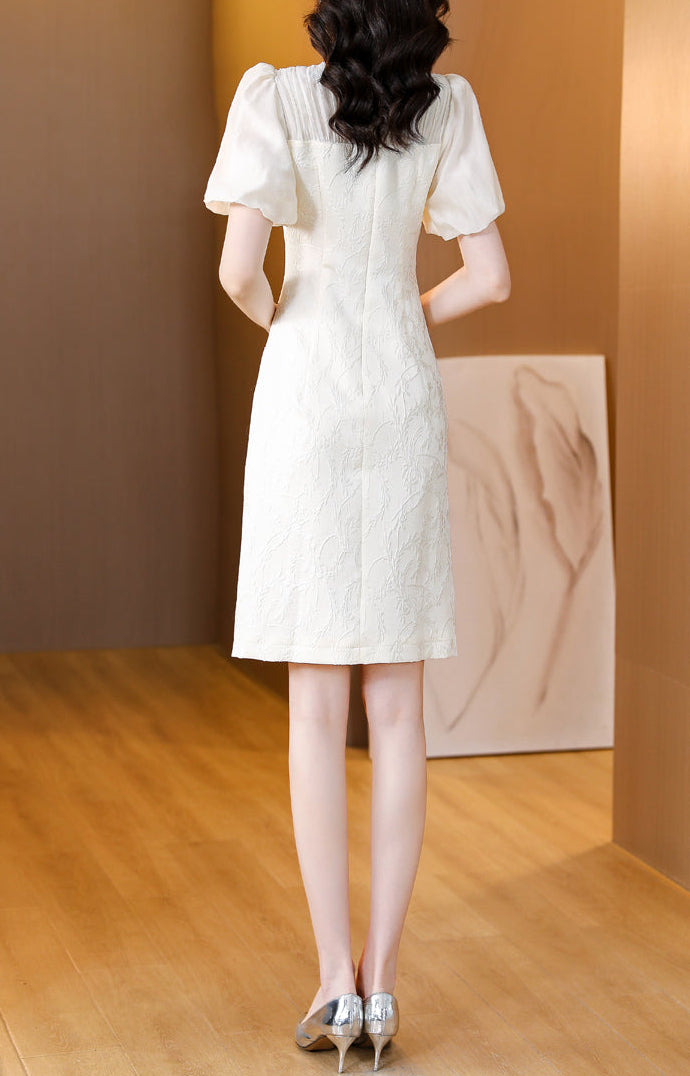 Ivory Floral Jacquard Mini Dress with Puff Sleeves & Pearl Trim