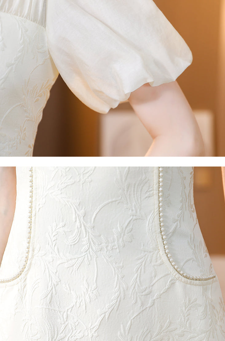 Ivory Floral Jacquard Mini Dress with Puff Sleeves & Pearl Trim