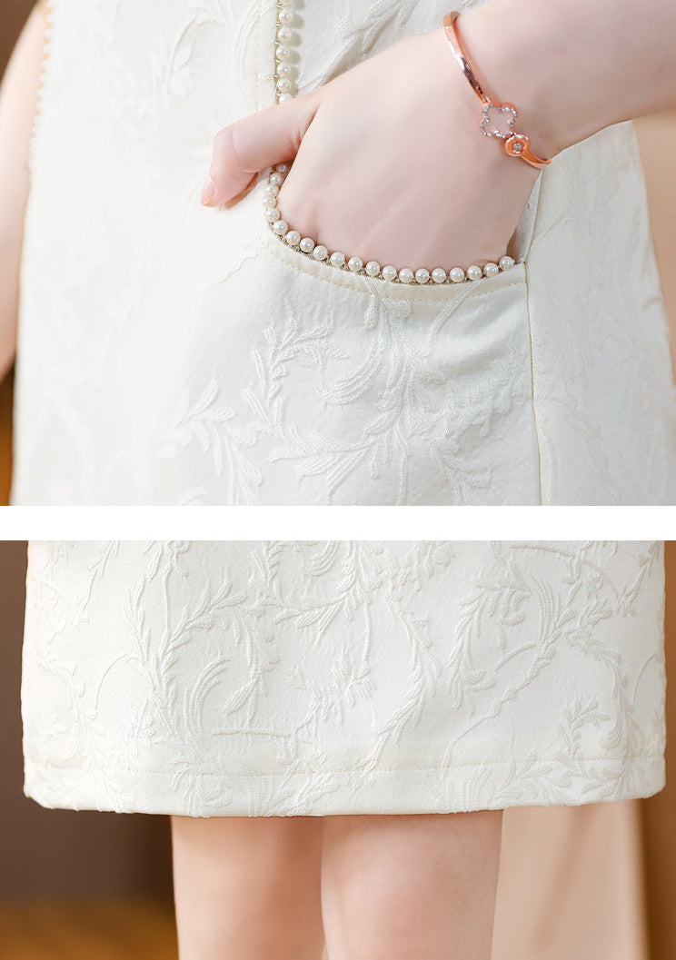 Ivory Floral Jacquard Mini Dress with Puff Sleeves & Pearl Trim