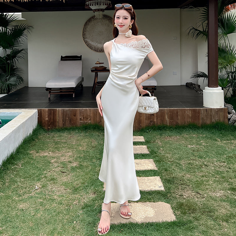 Ivory Lace One-Shoulder Satin Mermaid Maxi Dress