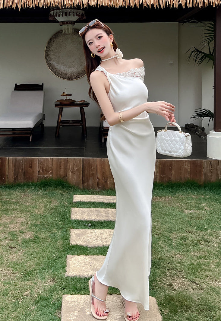 Ivory Lace One-Shoulder Satin Mermaid Maxi Dress