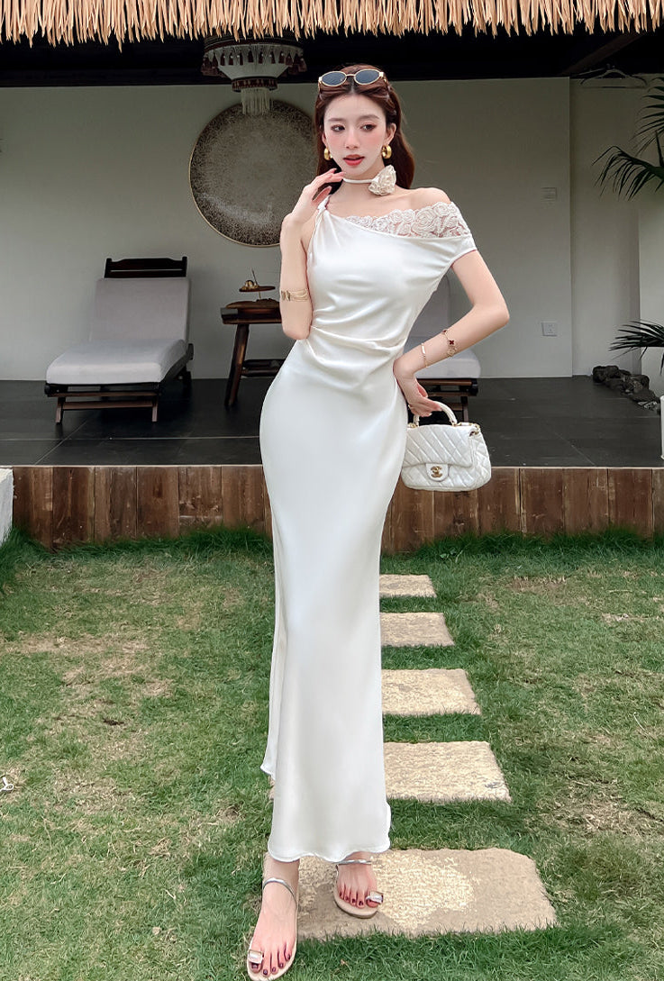 Ivory Lace One-Shoulder Satin Mermaid Maxi Dress