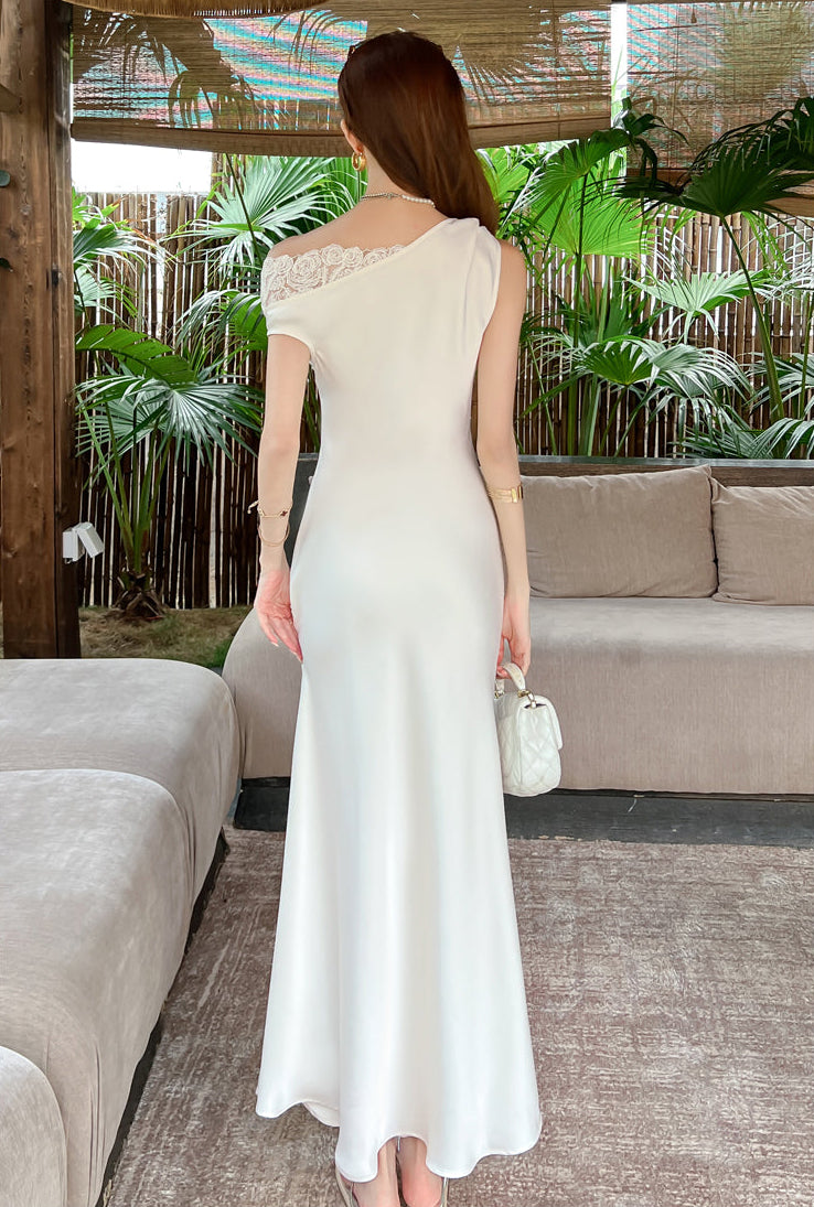 Ivory Lace One-Shoulder Satin Mermaid Maxi Dress