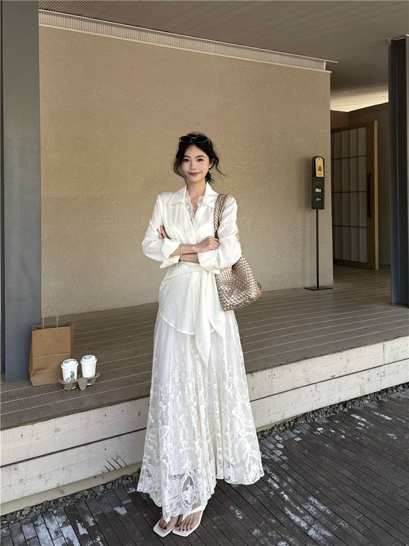 Ivory Silk-Style Wrap Tie Shirt Dress with Lace Hem