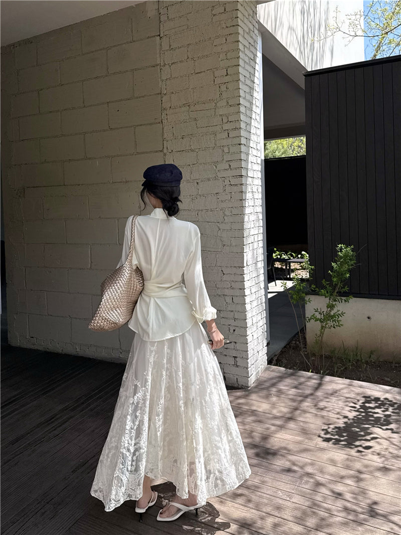 Ivory Silk-Style Wrap Tie Shirt Dress with Lace Hem
