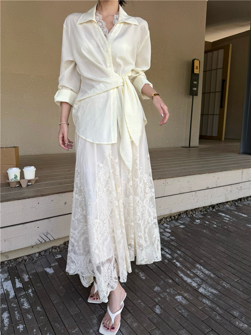 Ivory Silk-Style Wrap Tie Shirt Dress with Lace Hem