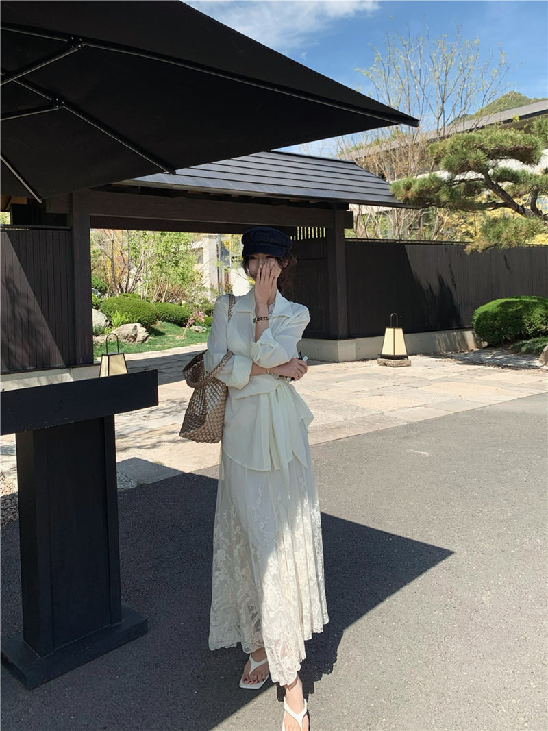 Ivory Silk-Style Wrap Tie Shirt Dress with Lace Hem