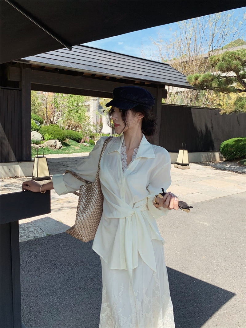 Ivory Silk-Style Wrap Tie Shirt Dress with Lace Hem