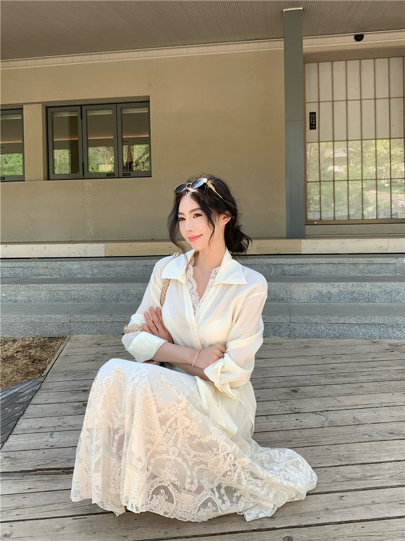 Ivory Silk-Style Wrap Tie Shirt Dress with Lace Hem