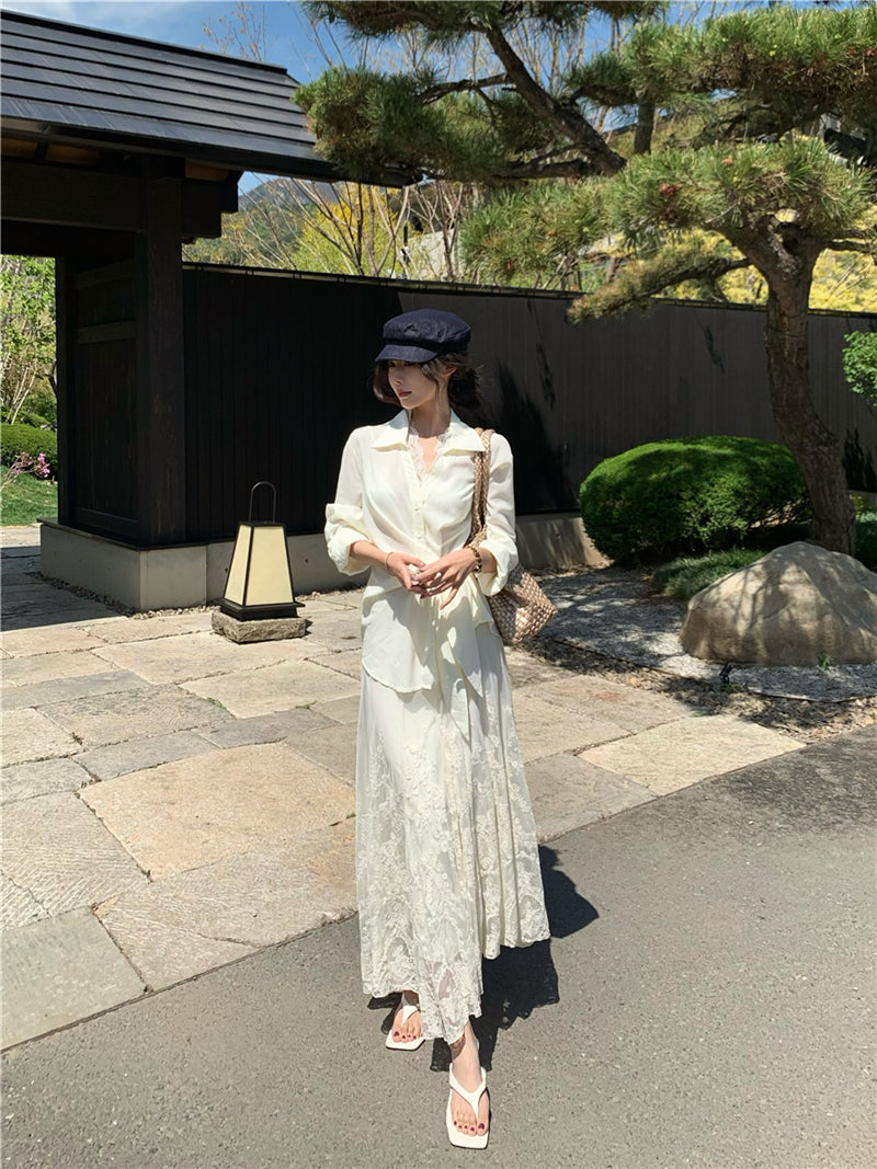 Ivory Silk-Style Wrap Tie Shirt Dress with Lace Hem