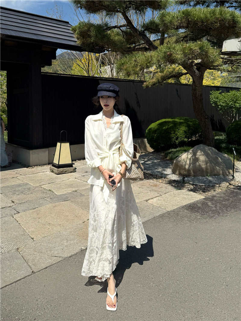 Ivory Silk-Style Wrap Tie Shirt Dress with Lace Hem