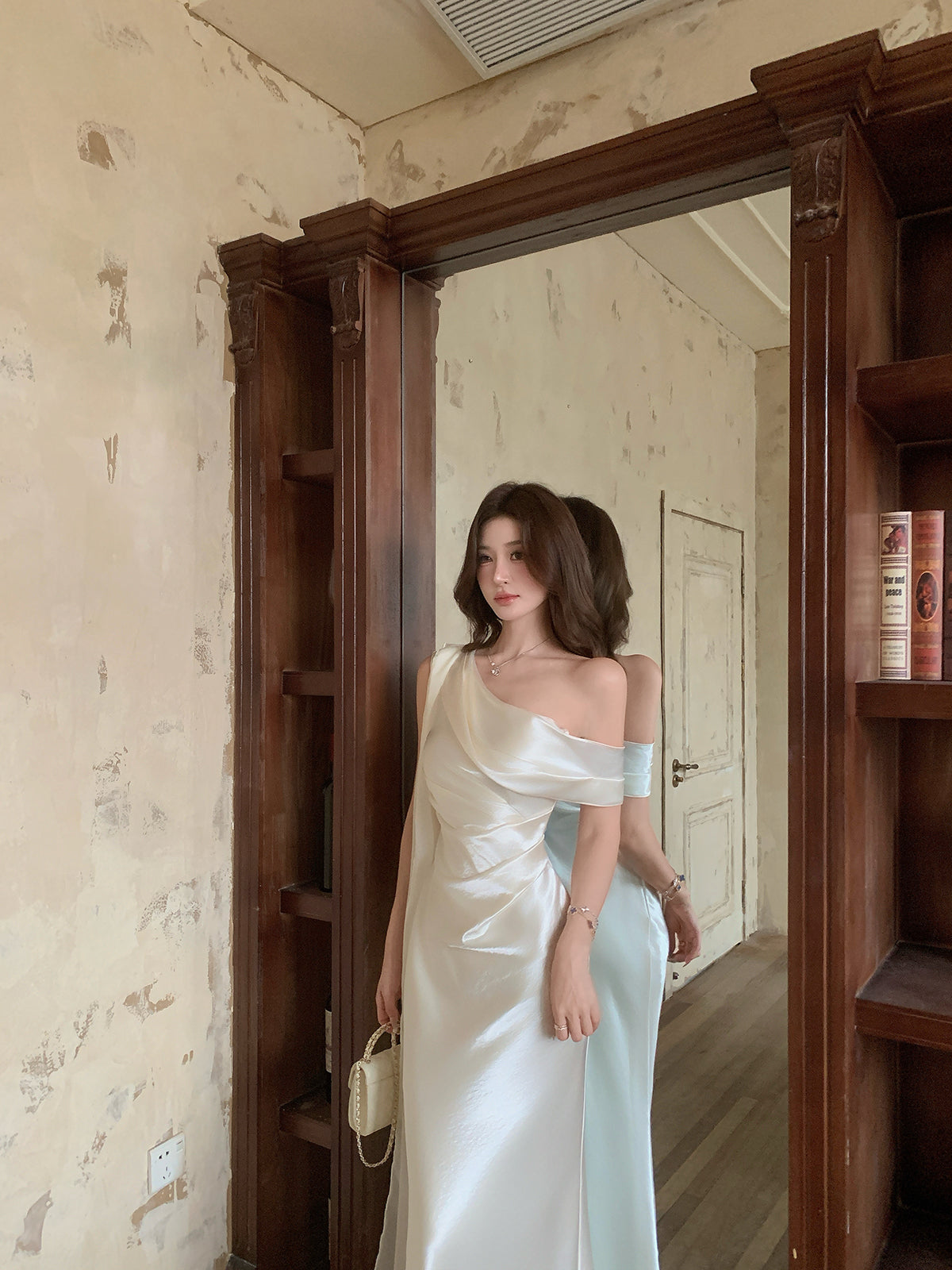 Ivory Satin Off-Shoulder Maxi  Dress