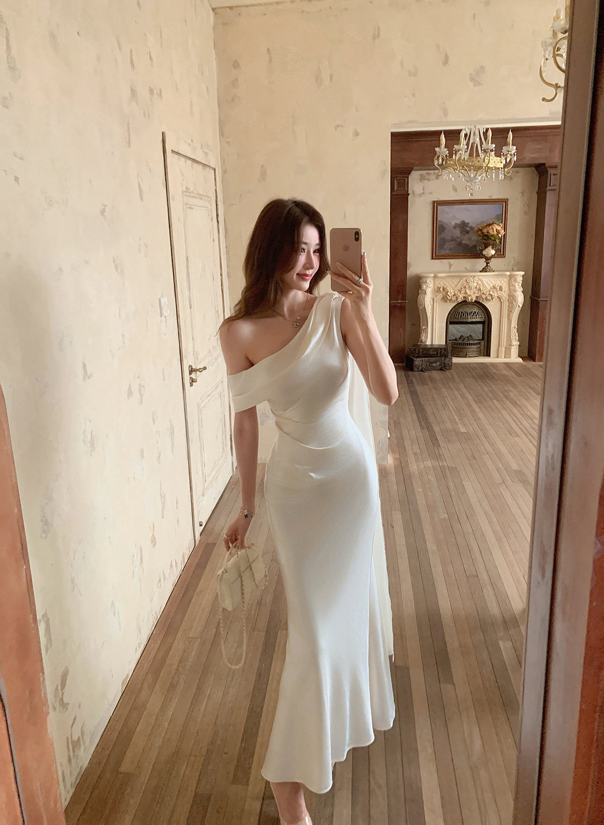 Ivory Satin Off-Shoulder Maxi  Dress