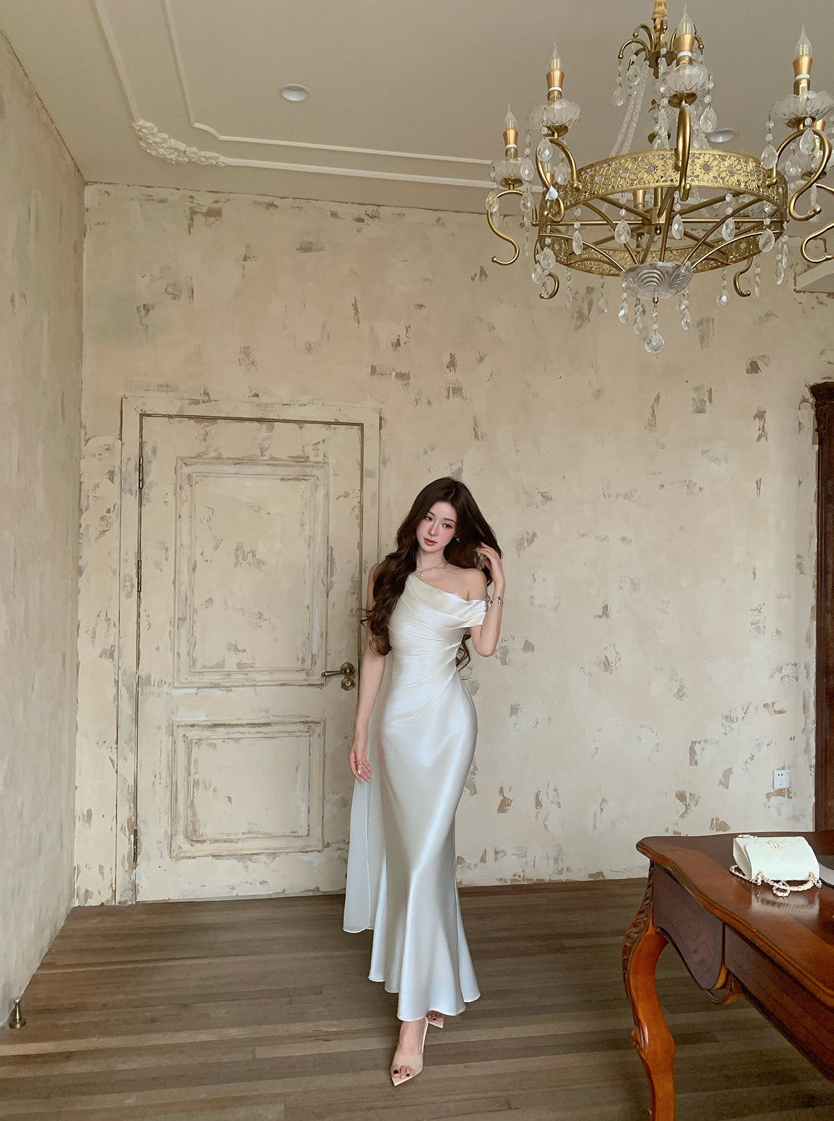 Ivory Satin Off-Shoulder Maxi  Dress
