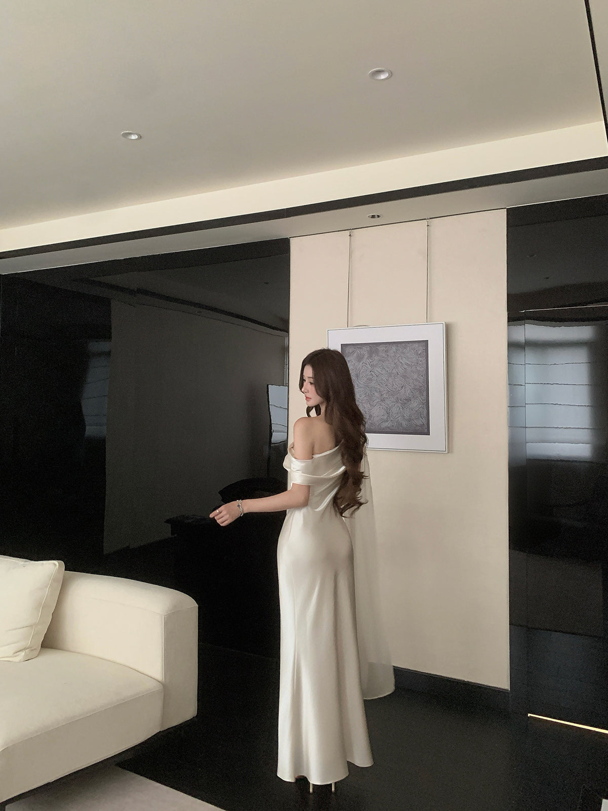 Ivory Satin Off-Shoulder Maxi  Dress