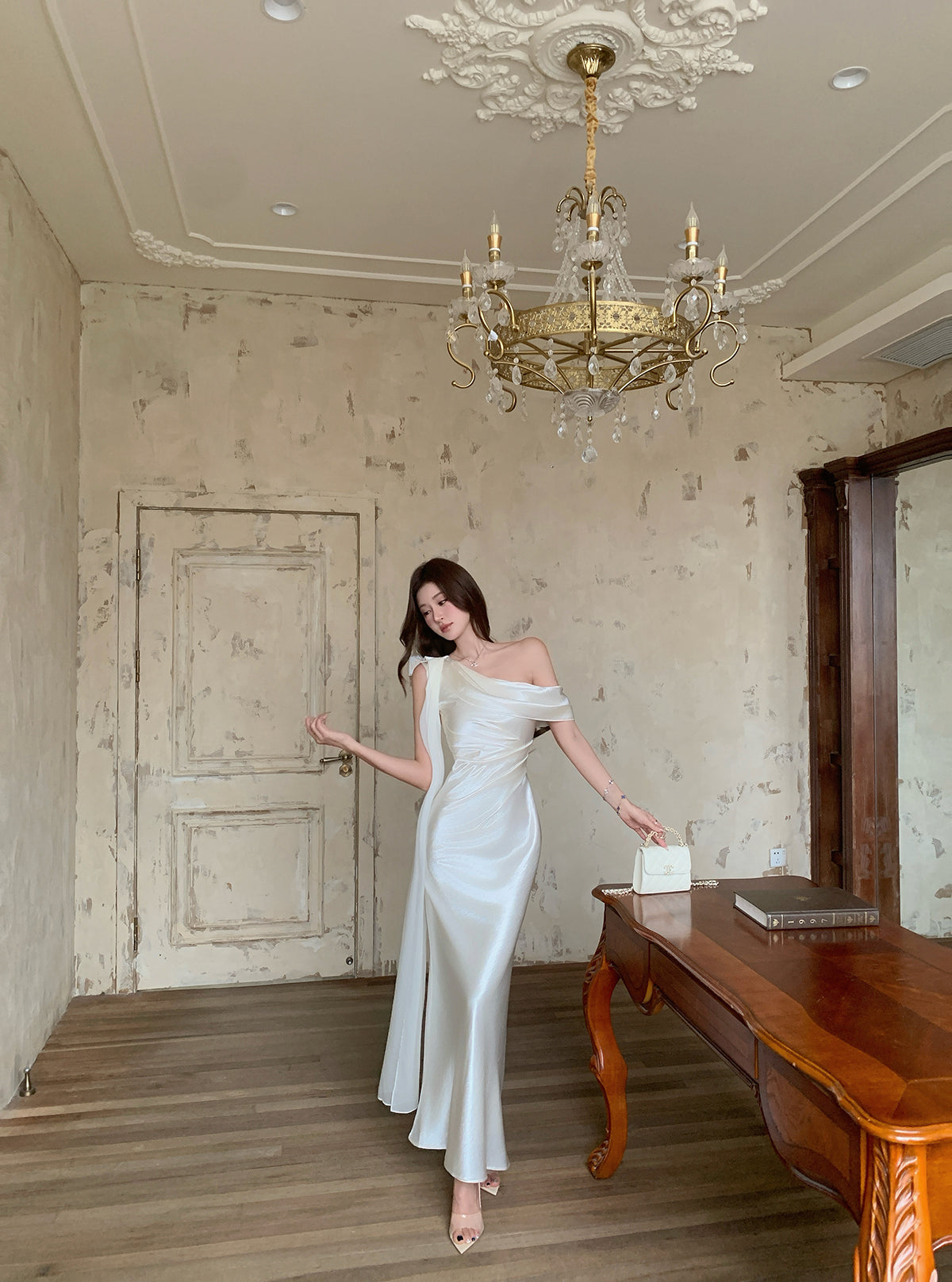 Ivory Satin Off-Shoulder Maxi  Dress