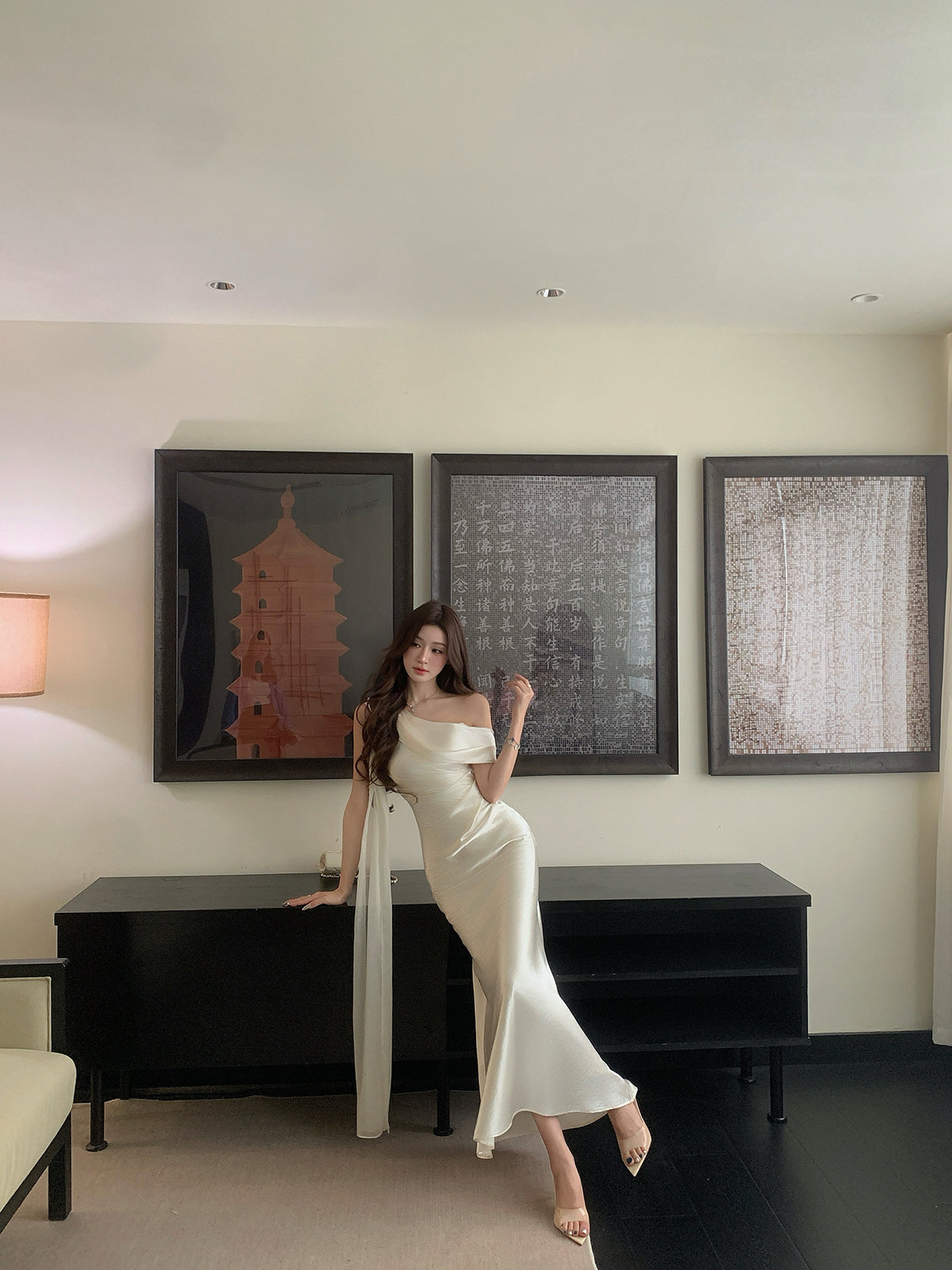 Ivory Satin Off-Shoulder Maxi  Dress
