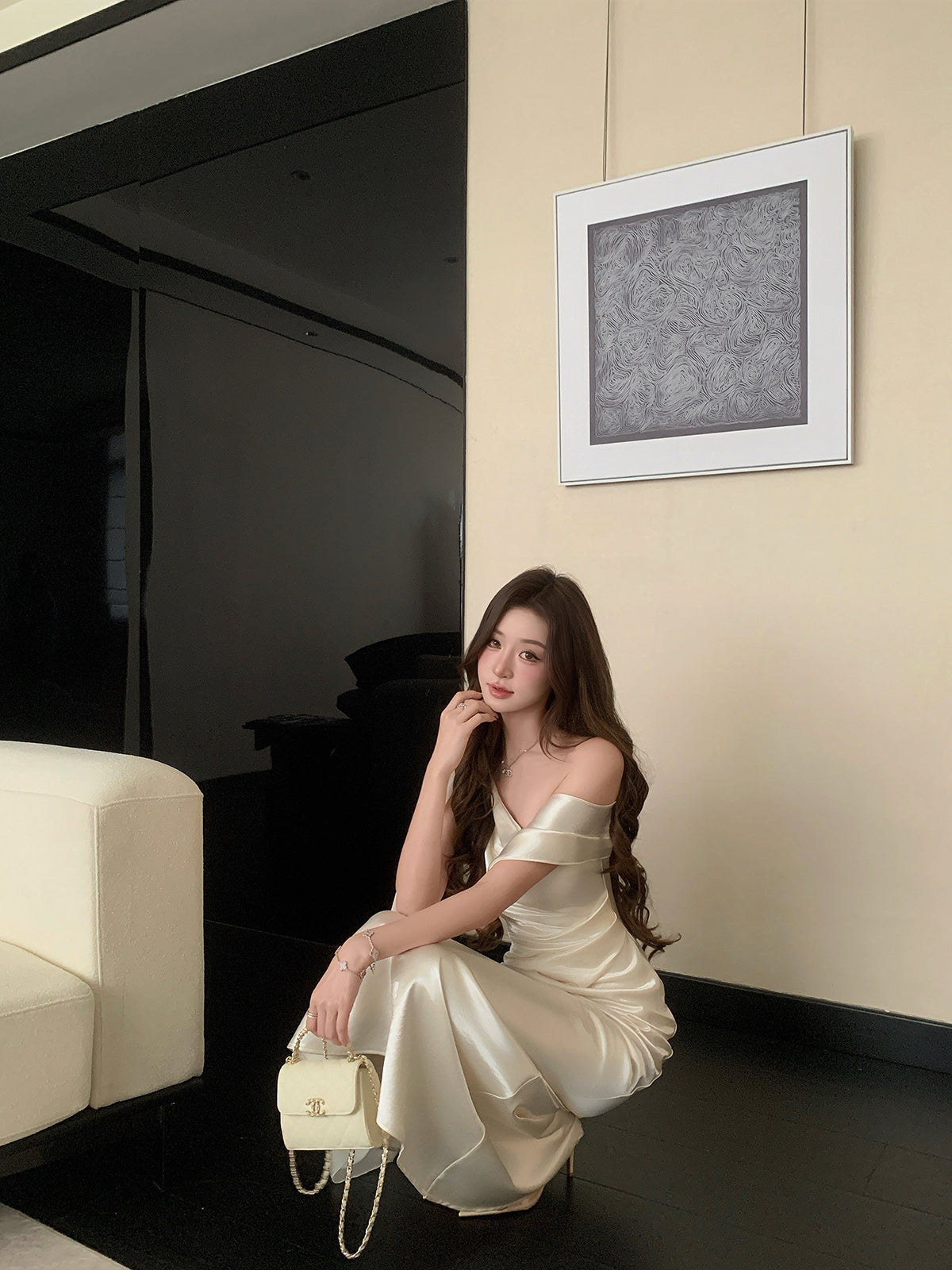 Ivory Satin Off-Shoulder Maxi  Dress