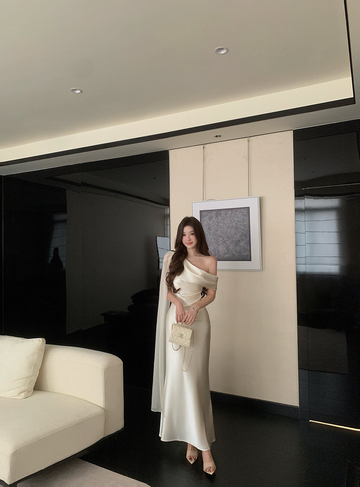 Ivory Satin Off-Shoulder Maxi  Dress