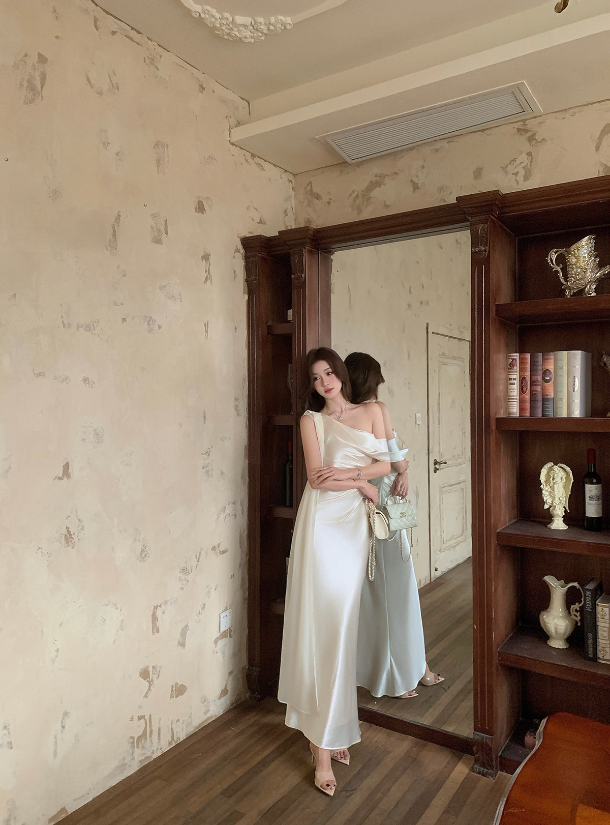 Ivory Satin Off-Shoulder Maxi  Dress