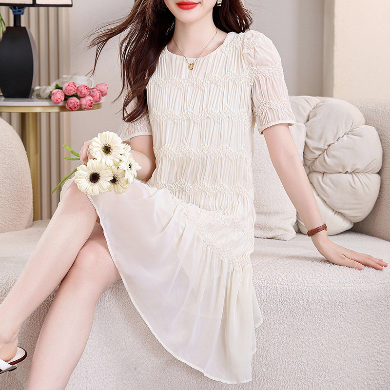 Ivory Smocked Chiffon Mini Dress- Short Sleeve Shift