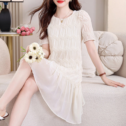 Ivory Smocked Chiffon Mini Dress- Short Sleeve Shift