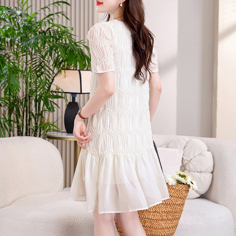 Ivory Smocked Chiffon Mini Dress- Short Sleeve Shift