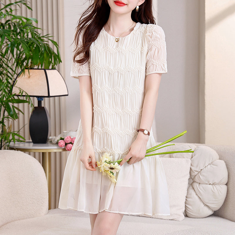 Ivory Smocked Chiffon Mini Dress- Short Sleeve Shift