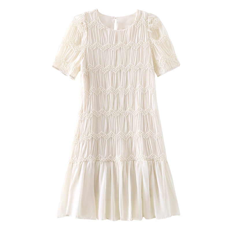 Ivory Smocked Chiffon Mini Dress- Short Sleeve Shift