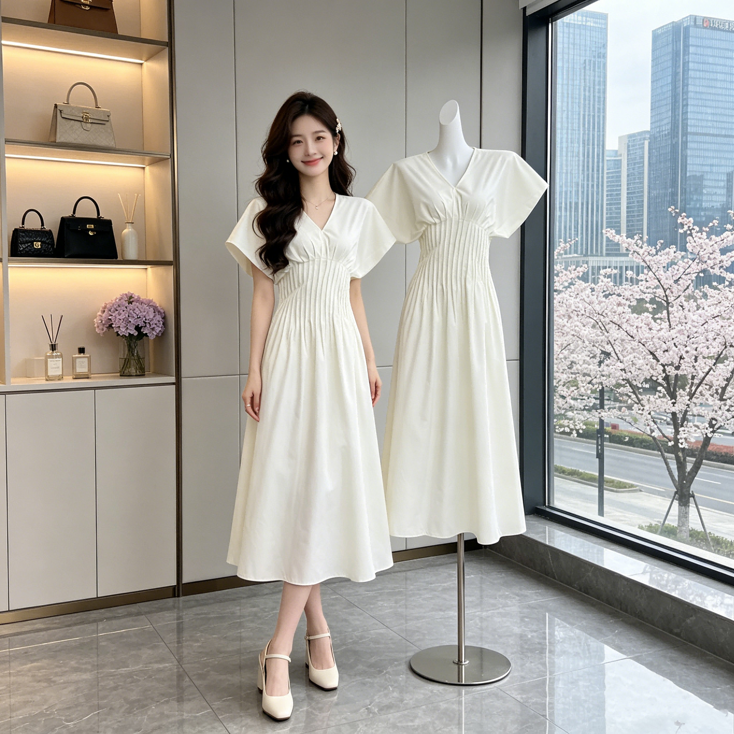 Flutter-Sleeve V-Neck Shirred Waist Midi Dress