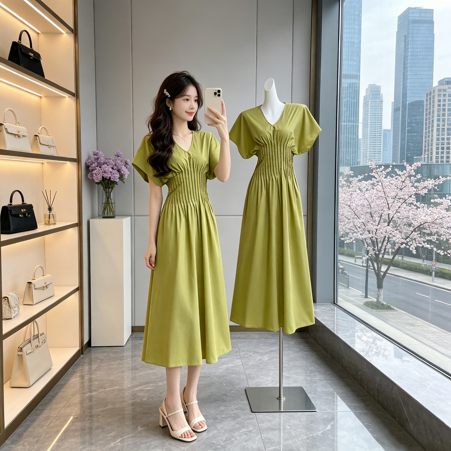 Flutter-Sleeve V-Neck Shirred Waist Midi Dress