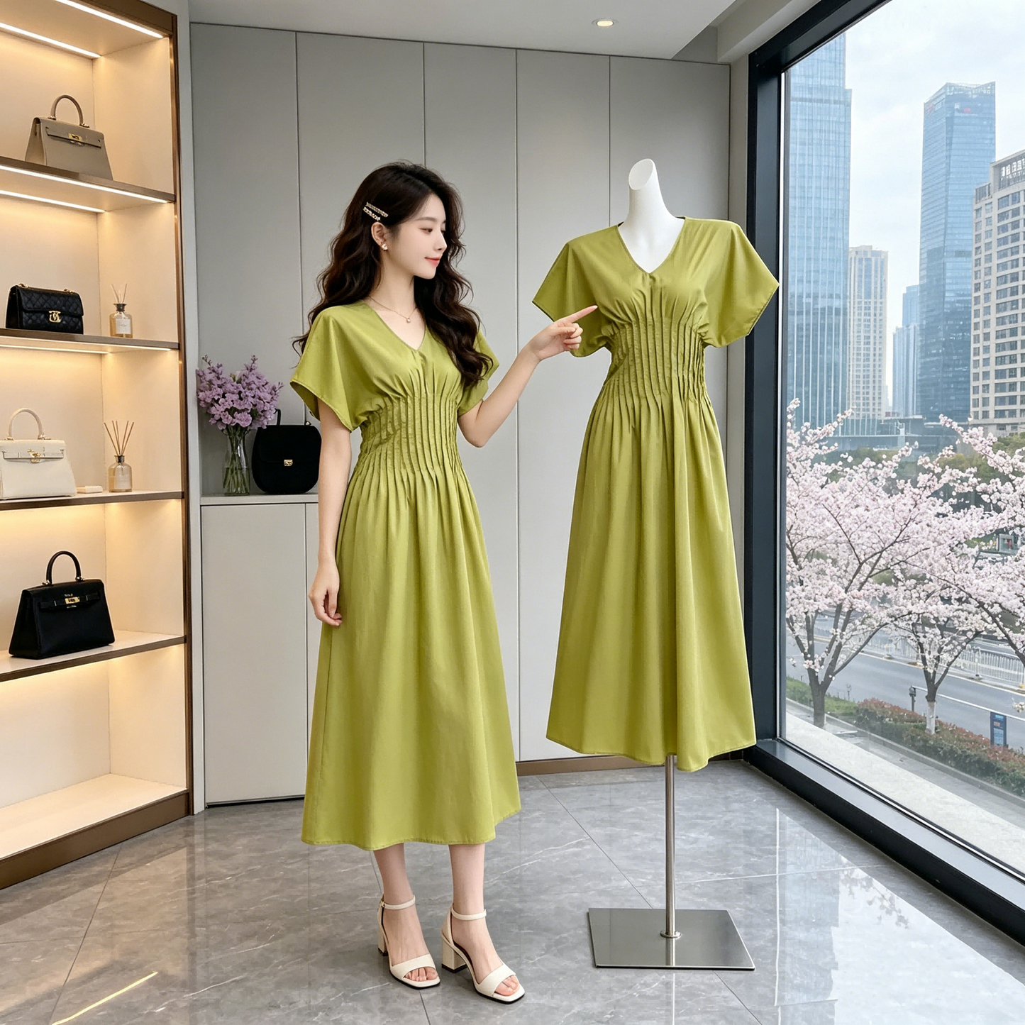 Flutter-Sleeve V-Neck Shirred Waist Midi Dress