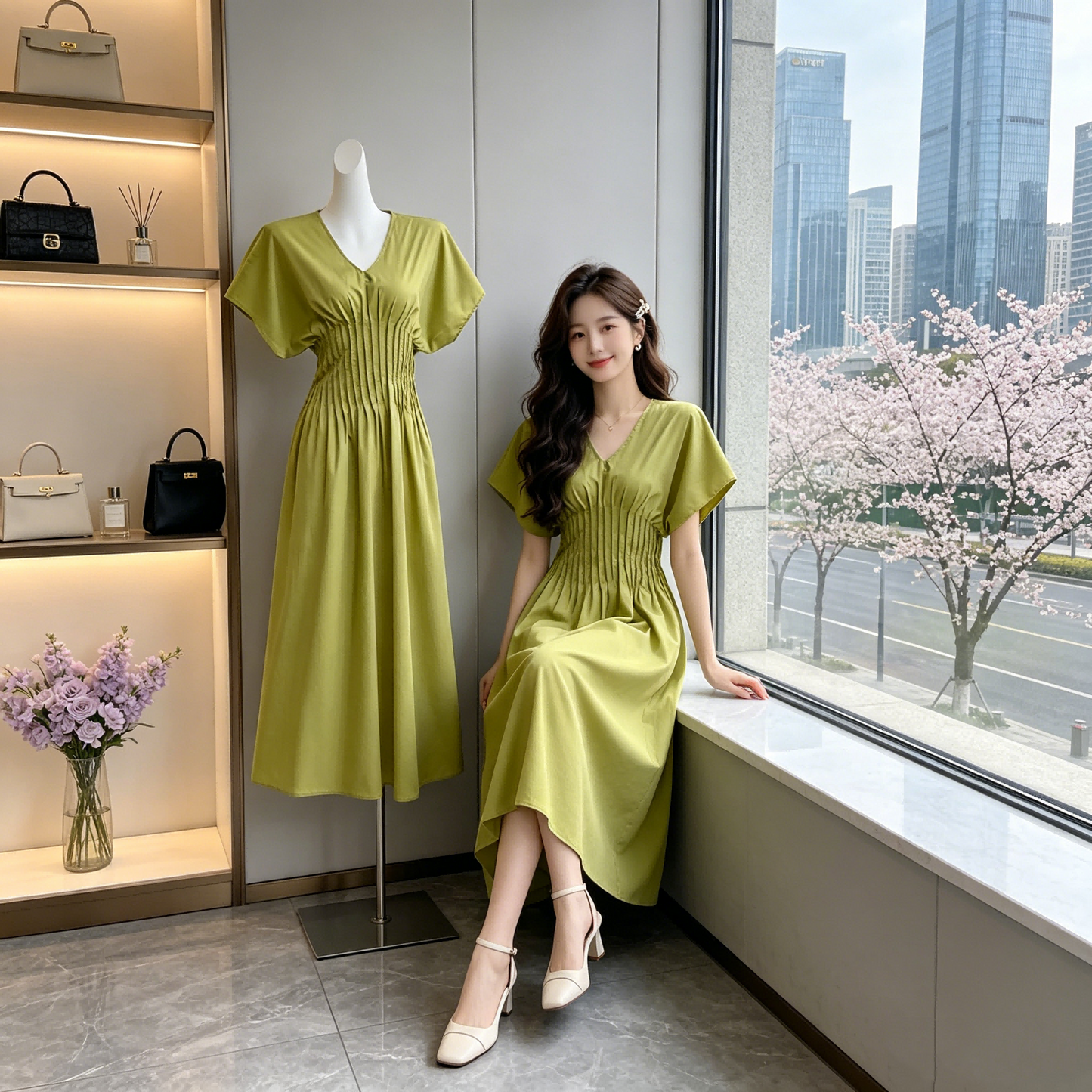 Flutter-Sleeve V-Neck Shirred Waist Midi Dress