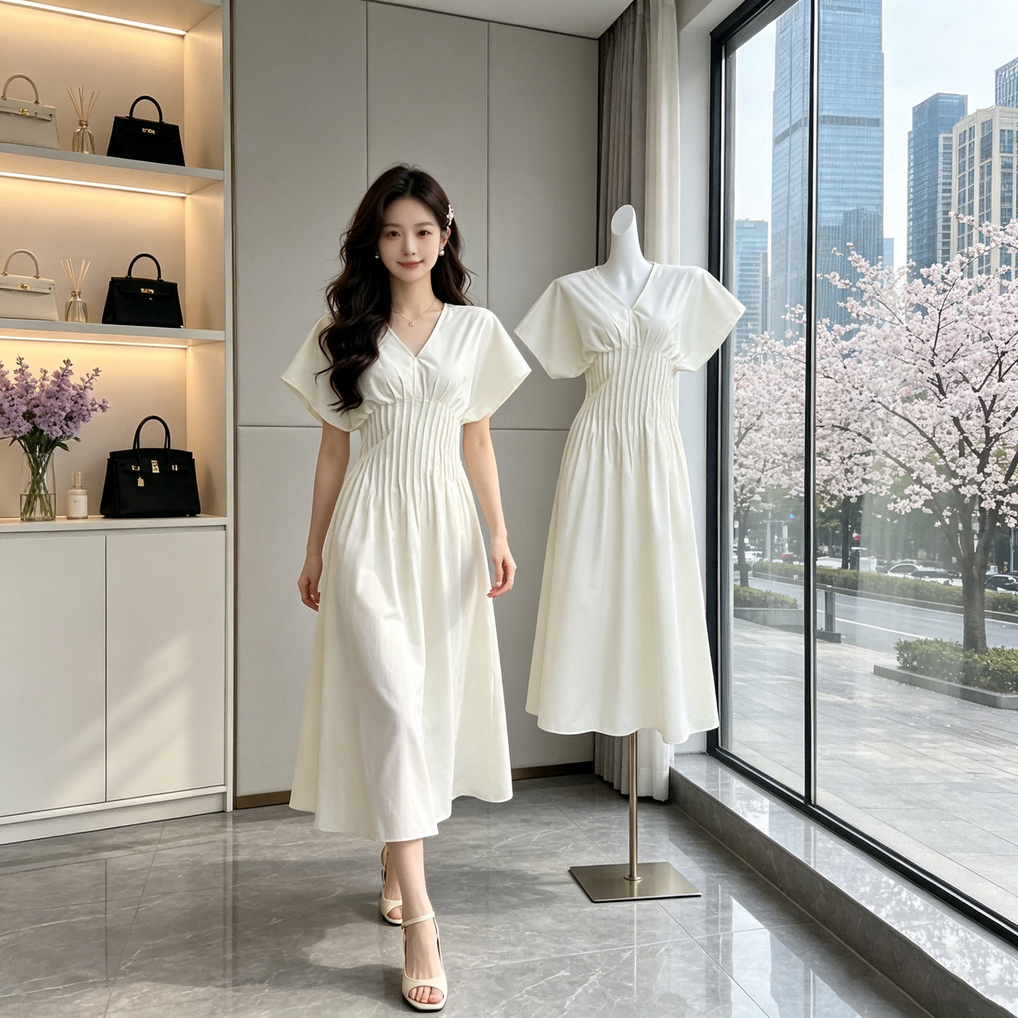 Flutter-Sleeve V-Neck Shirred Waist Midi Dress