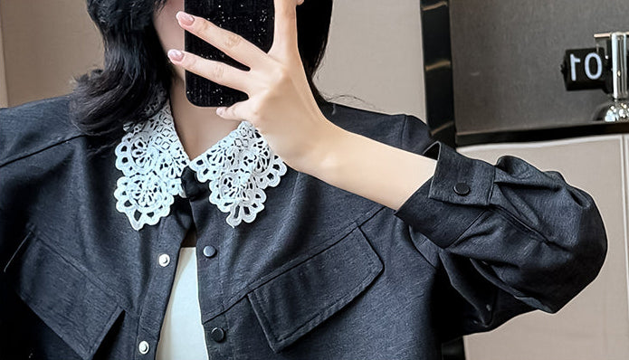 Plus Size Lace Collar Cropped Jacket & Wide-Leg Trouser Set