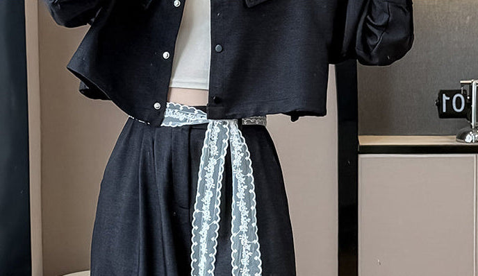 Plus Size Lace Collar Cropped Jacket & Wide-Leg Trouser Set