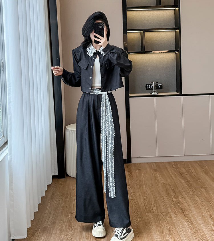 Plus Size Lace Collar Cropped Jacket & Wide-Leg Trouser Set