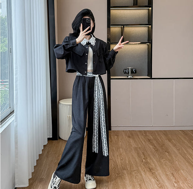 Plus Size Lace Collar Cropped Jacket & Wide-Leg Trouser Set